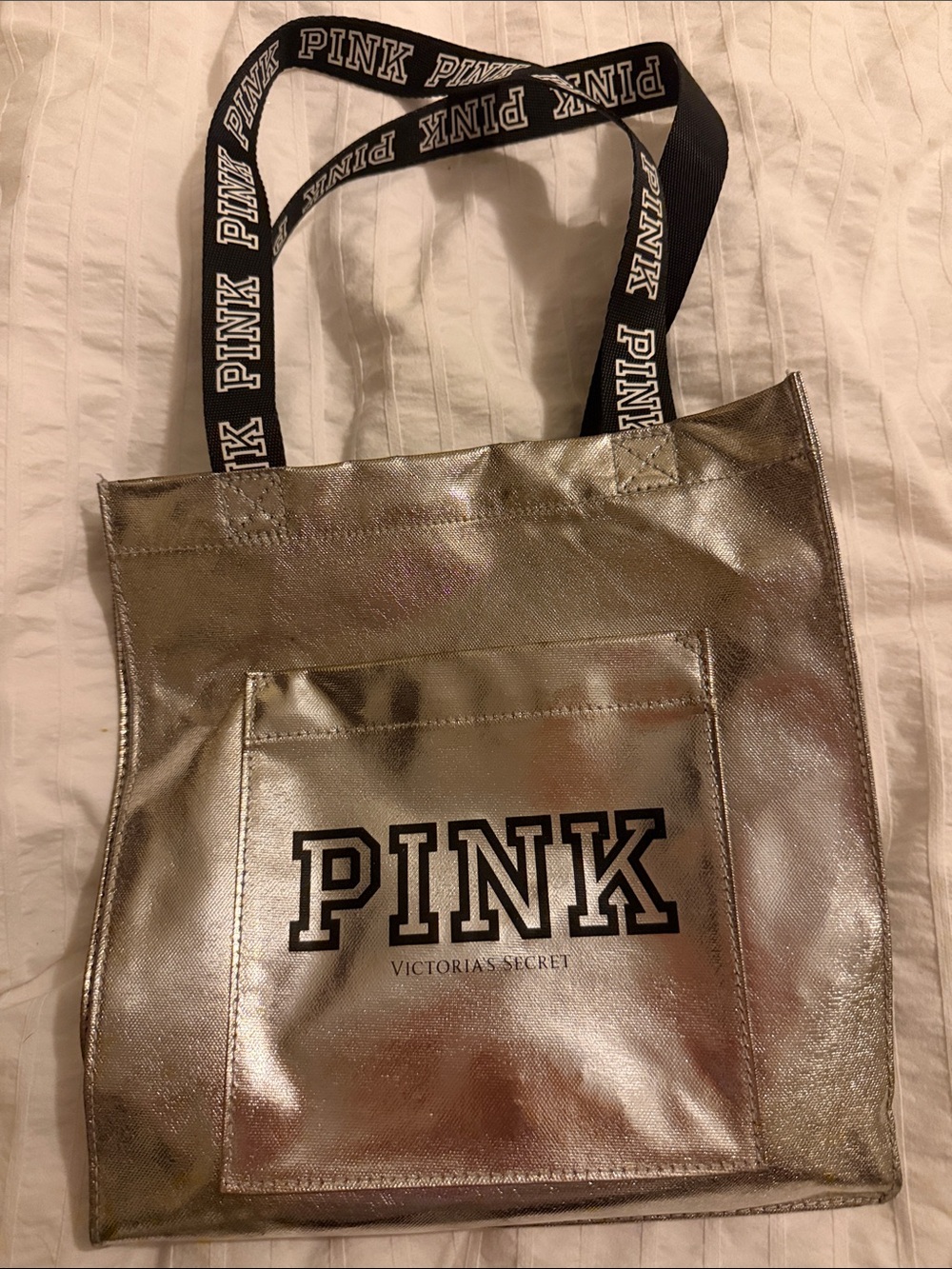 PINK Victoria's Secret Metallic Silver Logo Tote with Black Branded Straps